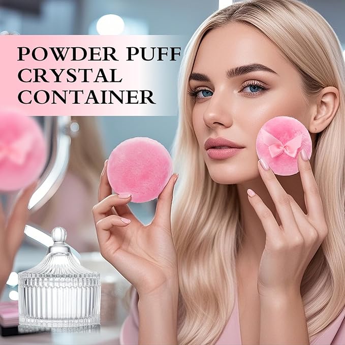 2 Pieces Large Body Powder Puff and Container - Dusting Powder Container with Puff, Crystal Case, Body Powder Puff for Women Soft Washable Reusable Velour Glitter Wet Dry Makeup
