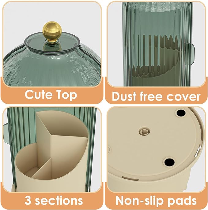 Makeup Brush Holder with Lid 360 Rotating Clear Dustproof Make Up Organizers for Vanity Bathroom Countertop, Green Beige