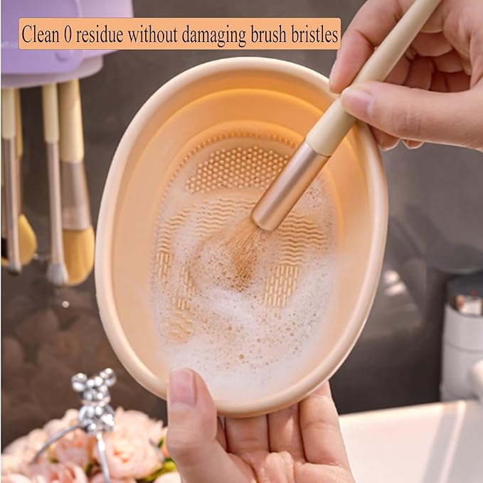 Makeup Brush Cleaner Mat,3 in 1 Upgraded Foldable Silicone Makeup Brush Cleaner Cosmetic Brush Cleaner Makeup Brush Scrubber Bowl for Cleaning, Organizer And Upside Down Drying(Foldable Khaki)