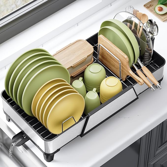 Large Dish Drying Rack - Triple Expandable Dish Rack for Kitchen Counter, Stainless Steel Sink Organization and Storage Essentials with Utensil & Pans Holder for Home and Appartment, Black