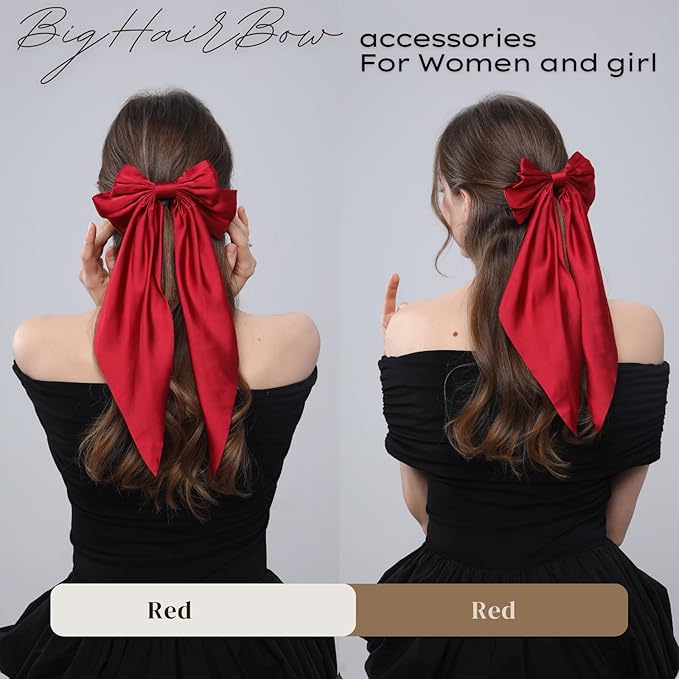 2PCS Big Hair Bow Clips for Women Girls – Red Satin Ribbon Bow Barrettes with Long Tails, Large Hair Accessories for Ponytail, Holiday, Party & Date Night