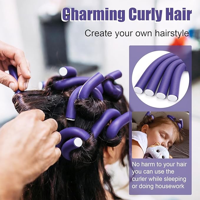 AIDUCHO 30 Pcs Heatless Hair Curlers 7 x 0.55 Inch Flexible Curling Rods Soft Foam Rollers No Heat Bendable Hair Rods Roller for Women Short Medium Long Hair, Purple