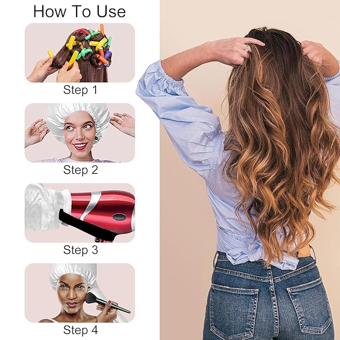 xnicx 42 pcs 7" Flexible Rods,Hair Curlers Rollers Flexible Curling Rods,Heatless Bendy Foam Curls for Long,Medium,Short Hair to Sleep in,with Hair Dryer Bonnet,Drying Towel 3 IN 1(Gray)