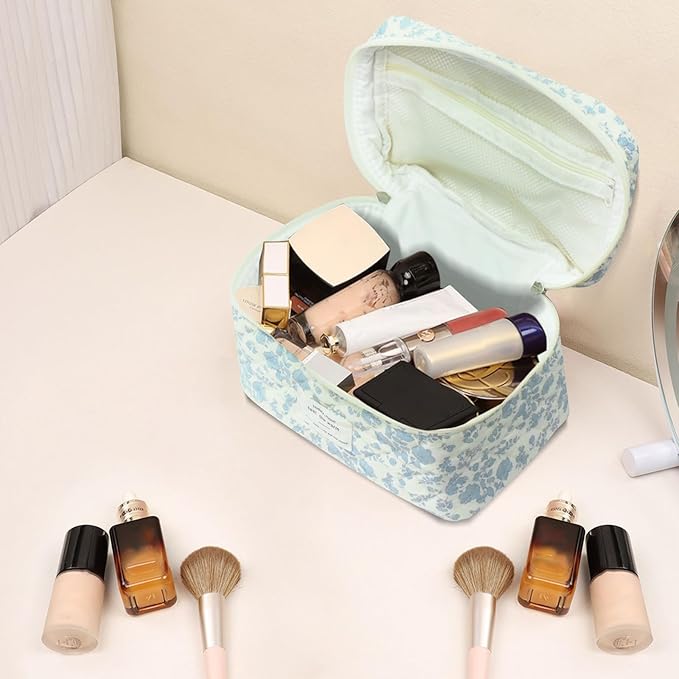 1pc Large Makeup Bag, Cute Cosmetic Bag for Women Girls, Floral Coquette Aesthetic Toiletry Bag, Travel Make Up Organizer Bag (Green Leaves Blue Flowers)