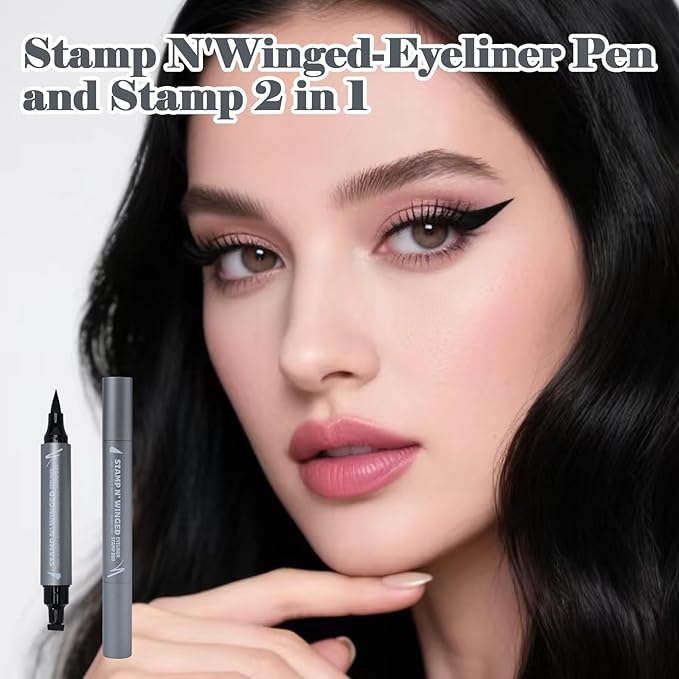 Winged Eyeliner Stamp & Liquid Pen Duo – Waterproof, Smudge-Proof, Dual-Ended Cat Eye Stamp for Perfect Wings – Long-Lasting Black Eyeliner for Beginners & Makeup Lovers