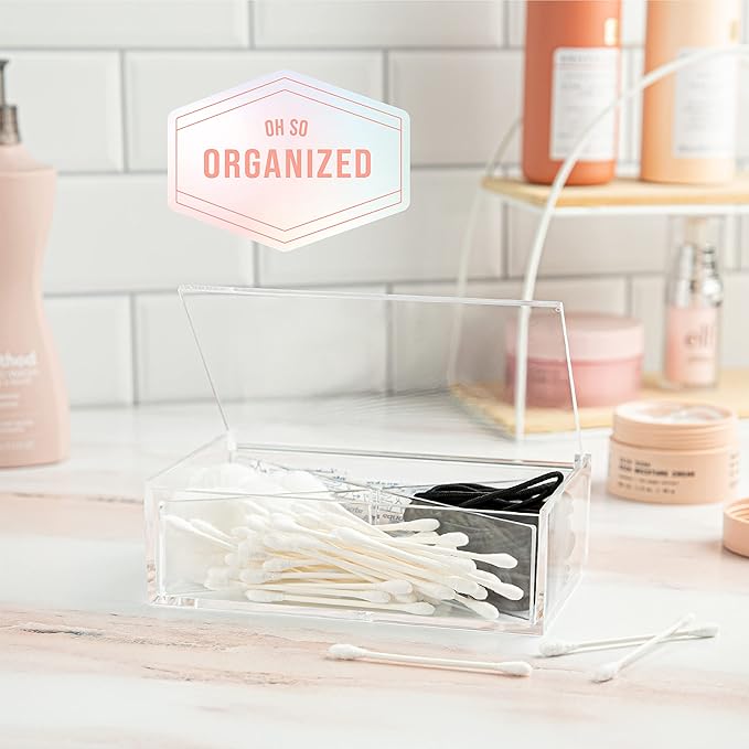 Hammont Clear Acrylic Box with Hinged Lid – Small Plastic Organizer for Office, Desk, Makeup, Crafts, Cotton Balls, Jewelry & More | 6.5''x4''x2'' (2 Pack)