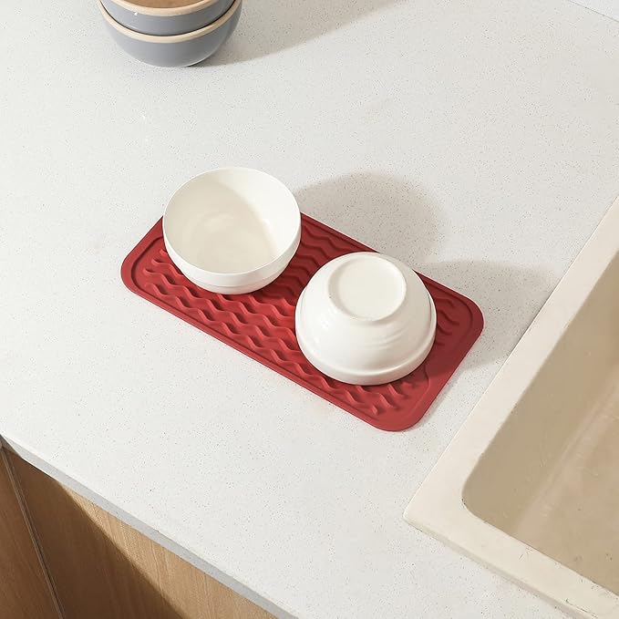 Silicone Dish Drying Mat for Multiple Usage,Easy clean,Eco-friendly,Heat-resistant Silicone Mat for Kitchen Counter or Sink,Refrigerator or Drawer Liner Red S 12 inches x 6 inches