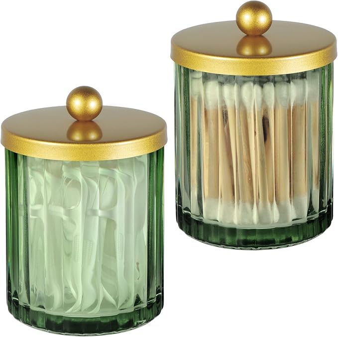 Amolliar Sage Green Glass Qtip Holder Dispenser, Bathroom Canister Apothecary Jar for Cotton Swabs, Cotton Balls, Round Pads, Floss Picks, Countertop Storage Organizer Container for Vanity,Gold 2 Pack