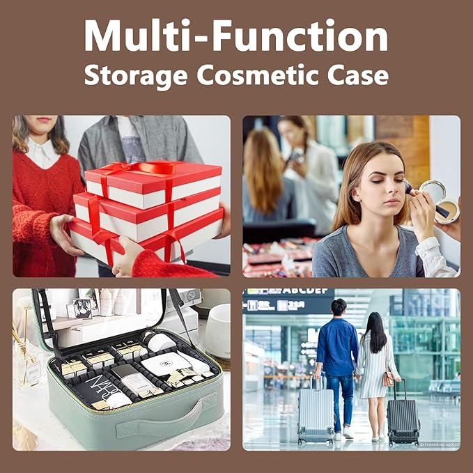 Travel Makeup Bag for Makeup Artists Large Makeup Case,with Mirror 3 Color Setting and Detachable 10x Magnifying Mirror Travel Makeup Bag,Portable Storage and Adjustable Dividers（Mocha）