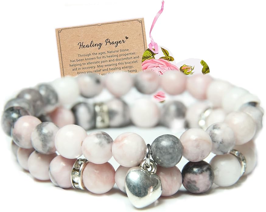 2Pcs Healing Crystal Bracelets for Women Handmade Beaded Bracelet Healing Prayers Crystal 8mm Natural Stone Beads Bracelet Stress Relief Get Well Soon Gifts