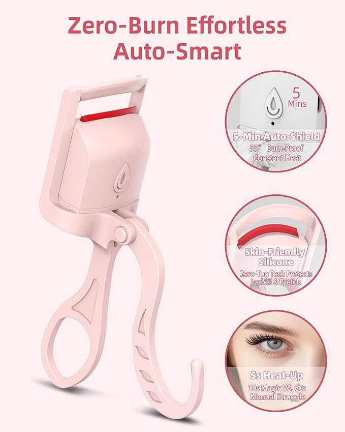 Heated Eyelash Curler, 5s Fast Heating Electric Eyelash Curler, Safe Anti-Burn Eyelash Curlers with Silicone Pad, Type-C Quick Charge, Intelligent Temp Control, 24H Long-Lasting Curls (Pink)