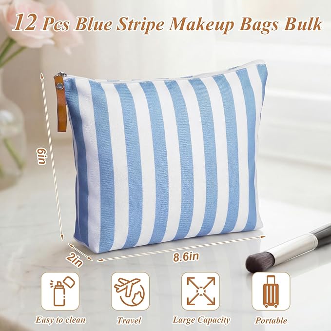 Hillban 12 Pcs Blue Striped Makeup Bags Bulk Canvas Cosmetic Bag Beach Themed Gifts Travel Toiletry Organizer Zipper Pouch Bags for Women Bridemaids Party Favors