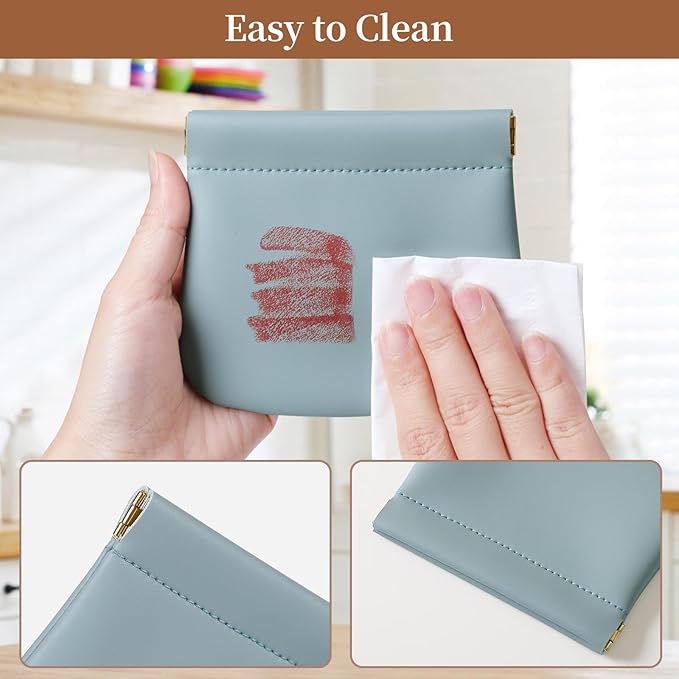 2 Pack Small Makeup Bag for Women, New Organosilicon Super Fiber Leather Mini Cosmetic Bag for Travel, Coin Purse Organizer Storage Pouch (Blue)