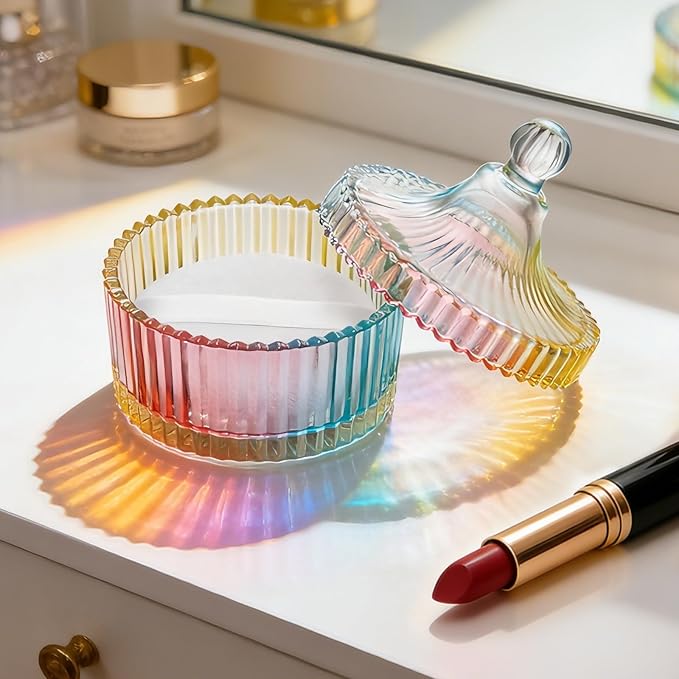 2 Piece Dusting Powder Container with Puff - Large Body Powder Puff and Container, Crystal Glass Powder Container with Puff Soft Velour Washable Reusable Face & Body Use (Colorful)
