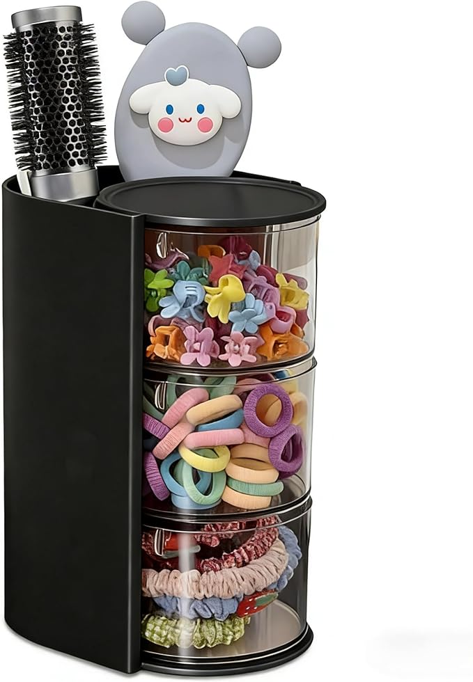Hair Accessories Organizer with Hair Brush Holder, Rotatable Makeup Brush Holder for Necklaces, Earring, Bracelet, Ring, Makeup Brushes, Hair Clip and Hair Accessories (Black, 3-Layer)