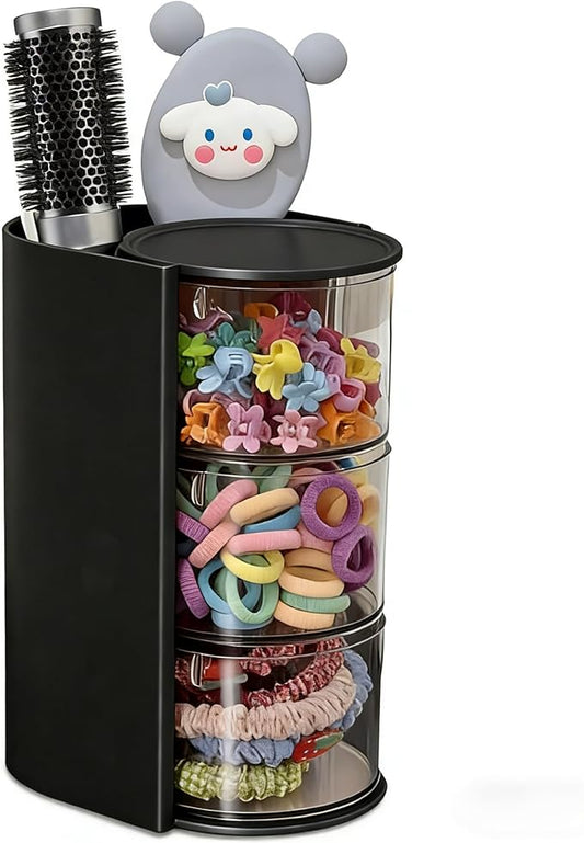 Hair Accessories Organizer with Hair Brush Holder, Rotatable Makeup Brush Holder for Necklaces, Earring, Bracelet, Ring, Makeup Brushes, Hair Clip and Hair Accessories (Black, 3-Layer)