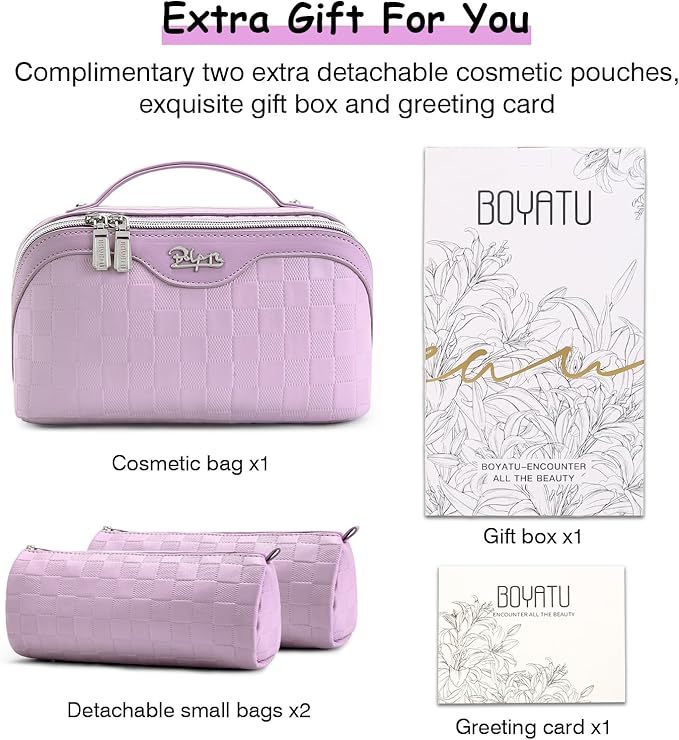 BOYATU Travel Makeup Bag Organizer Cosmetic Bag: 3 Pcs Set Make up Bags for Women with Handle - Waterproof Vegan Leather Toiletry Bags Travel Essentials Pouch with Compartments (01-F-Purple)