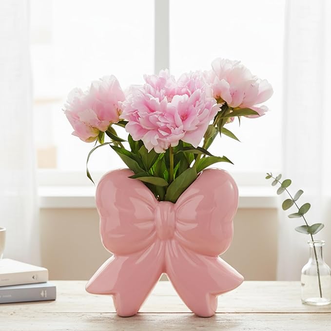 Bow Vase Coquette Ceramic Vase Pen Holder Makeup Brush Holder Contemporary Design Decorative Women Gift for Christmas Home Office Shelf Table Room(Pink,Small,Classic)