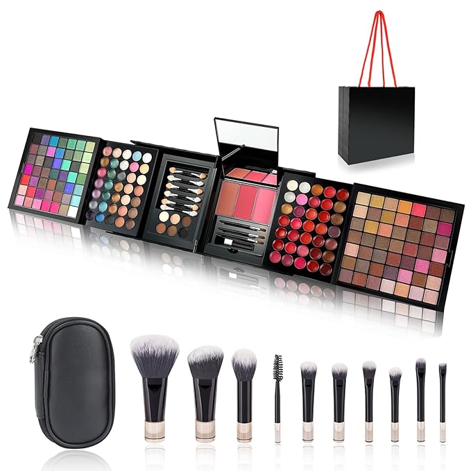 177-Color All-in-One Makeup Palette with 10 Brushes, Portable Case, Eyeshadows, Gel Eyeshadow, Lip Gloss, Concealer, Blush & Brow Powder – Complete Beauty Set for Women & Girls