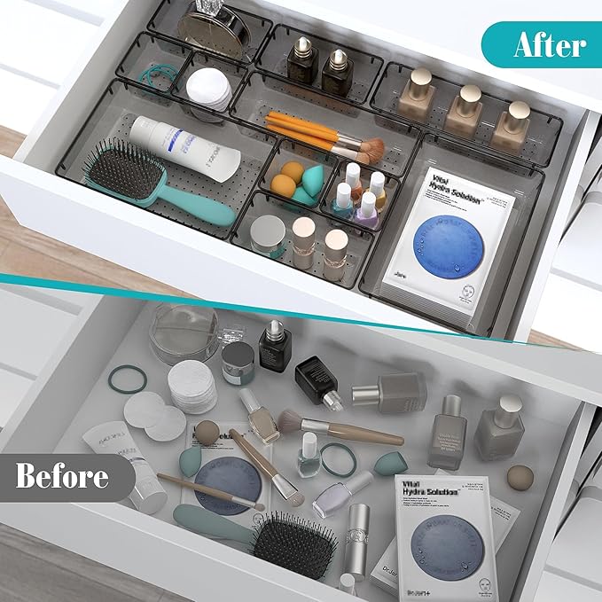 28 PCS Clear Plastic Drawer Organizers Set, 4 Size Desk Drawer Organizer Trays for Makeup, Jewelry, Kitchen Utensils, Gadgets and Office Accessories, Black