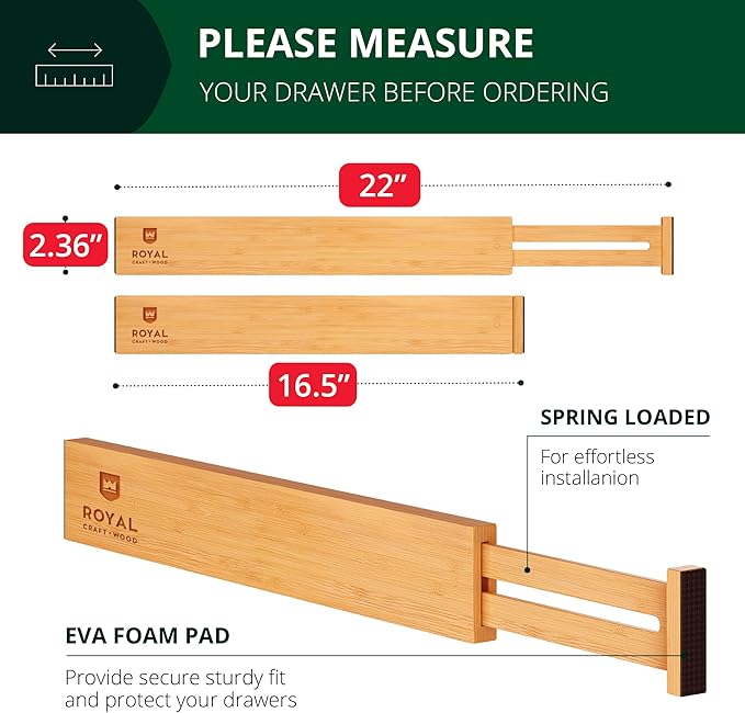 ROYAL CRAFT WOOD Adjustable Bamboo Drawer Dividers Organizers (17-21.5") with Inserts - Expandable Drawer Organization Separators for Kitchen Utensils, Clothes, 4-Pack