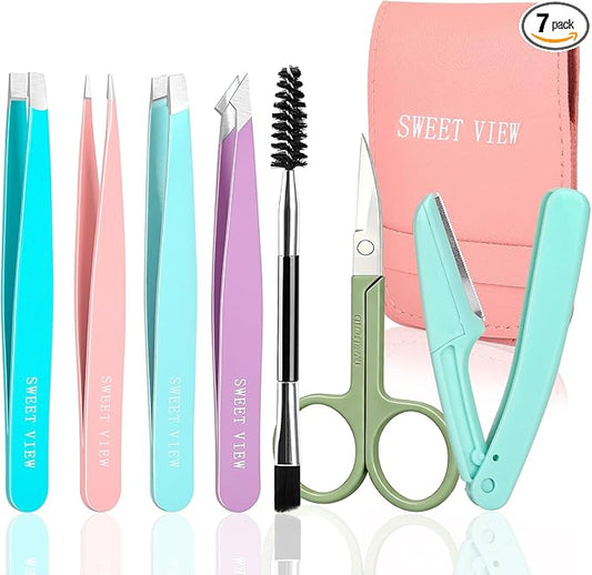 SWEET VIEW 7pcs Eyebrow Tweezers Kit for Women Precision Plucker with Brow Scissors & Razor & Spoolie for Facial, Chin, Brow, Splinter and Ingrown Hair