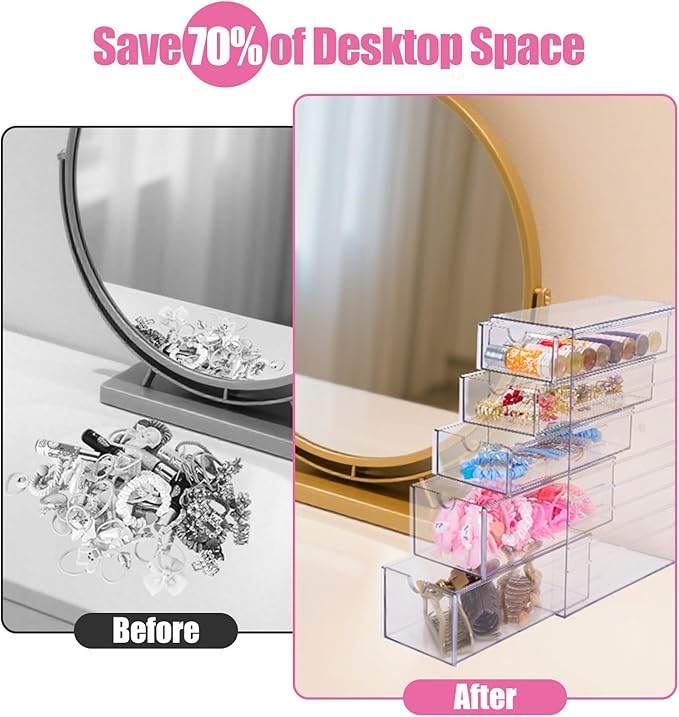 Hair Accessories Organizer, Clear Hair Ties and Pins Organizer Storage Box, Plastic Drawer Storage with 5 Different Sizes Drawers, Hair Accessory Container for Bathroom Closet Desk Office