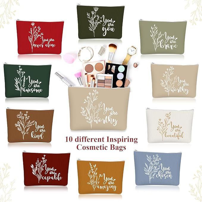 Coume 10 Pcs Valentines Canvas Makeup Bags Bulk, Inspirational Quotes Cosmetic Zipper Encouragement Travel Pouch Toiletry Bag Women Teacher Friend Birthday Gift(Joyous Color,Aesthetic)