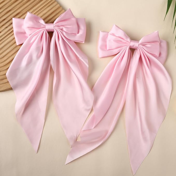 2PCS Big Hair Bow Clips for Women Girls – Pink Satin Ribbon Bow Barrettes with Long Tails, Large Cute Hair Accessories for Ponytail, Photoshoot & Everyday Styling