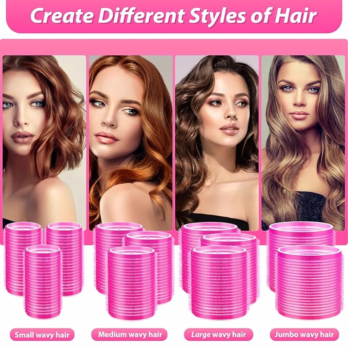 shynek Hair Rollers 48 Pcs Set, 24Pcs Hair Rollers 4 Sizes and 24 Pcs Hair Clips for Long Medium Short Hair (Pink)