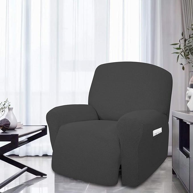 Easy-Going 4 Pieces Oversized Recliner Stretch Sofa Slipcover Sofa Cover Furniture Protector Couch Soft with Elastic Bottom Polyester Spandex Jacquard Fabric Small Checks Dark Gray,X-Large