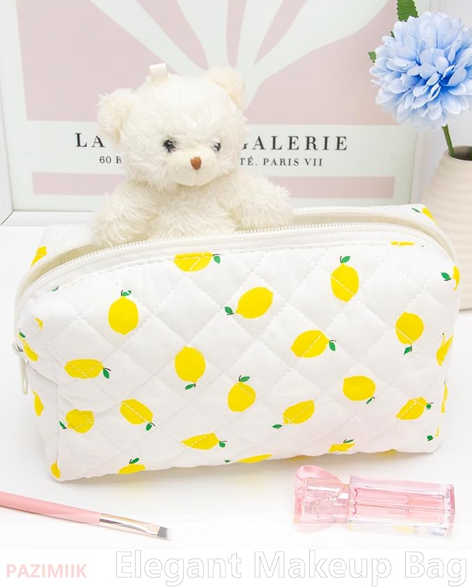 PAZIMIIK Vintage Quilted Makeup Bag Cosmetic Pouch for Brushes Pencils and Travel Make Up Accessories for Women and Girls Lemon White