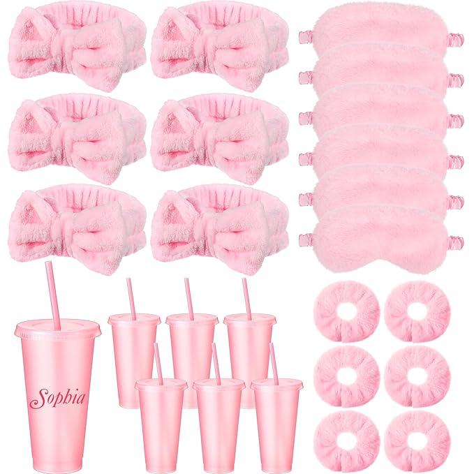 Hoteam 24 Pcs Spa Party Supplies for Women Sleepover Slumber Party Favors Include 6 Pink Spa Headband 6 Velvet Scrunchies 6 Eye Mask 6 Pink Plastic Cups Tumbler Valentine Galentine Gift for Beauty