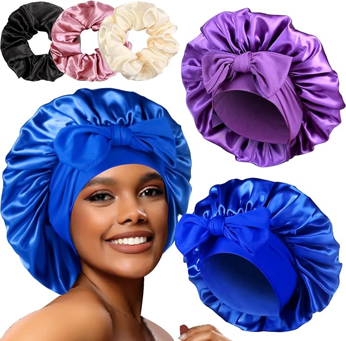 2+3 Large Satin Bonnets with Scrunchies for Women, Hair Bonnet Sleeping Tie Bonnet for Braids Curly Hair