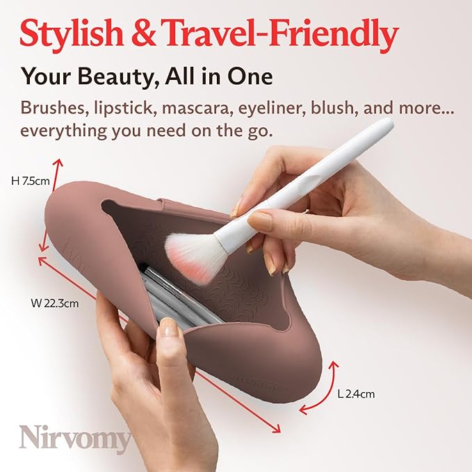 Travel Makeup Brush Holder, Silicone Makeup Brush Organizer, Dirt-Resistant Easy to Clean Makeup Brush Bag with Anti-Fall Out Magnetic Closure, Travel Essentials for Women (Sand Pink)