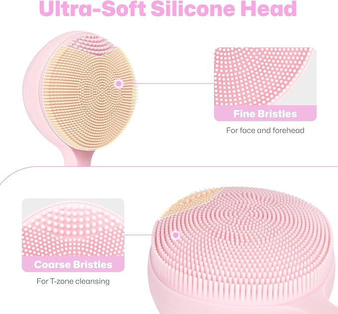 PRITECH Facial Cleansing Brush with 42° Constant‑Temperature Heating – Rechargeable Silicone Face Scrubber for Deep Pore Cleaning, Waterproof Vibrating Exfoliator for Women & Men (Pink)