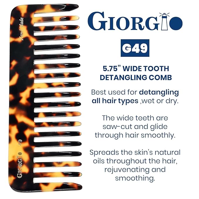 Giorgio G49 Yellow Tokio Large Wide Tooth Detangler Comb for Thick/Curly/Wavy Hair,Detangler Comb for Wet/Dry Use. Handmade of Quality Cellulose, Saw-Cut, Hand Polished