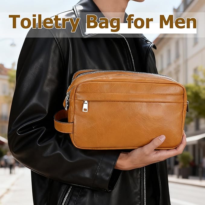 MIRASON Travel Toiletry Bag for Men Leather Travel Bag for Toiletries, Dopp Kit Water-resistant Shower Bag for Shaving Bathroom Organizer Gifts for Men, Brown
