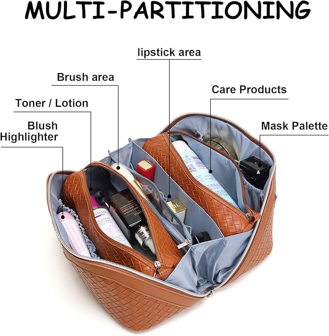 BOYATU Travel Makeup Bag Cosmetic Bags for Women: Large Capacity 3 Pcs Set Make up Bag with Compartments - Waterproof Vegan Leather Toiletry Organizer Bags with Handle (L08 Brown)