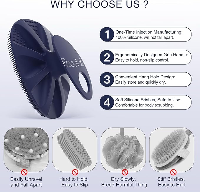 BEAUTAIL Silicone Body Scrubber Shower Bath Wash Brush Gentle Exfoliating Scrub Cleansing Loofah for Women Men Baby Sensitive Skin, Easy to Clean, Lather Nicely, More Hygienic, 1 Pack, Blue