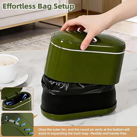 Mini Trash Can for Desk with 5 Rolls of Trash Bags, Small Press-Top Countertop Garbage Bin, Removable Waste Basket for Bedroom, Vanity, Coffee Table, Kitchen (Green Full-Lid)