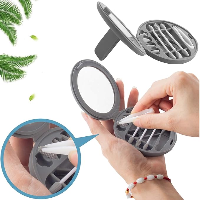 Strogem Reusable Cotton Swabs with 1 Mirror for Makeup Application and Cleaning, Multifunctional Portable Washable Silicone Q-Tip (gray)