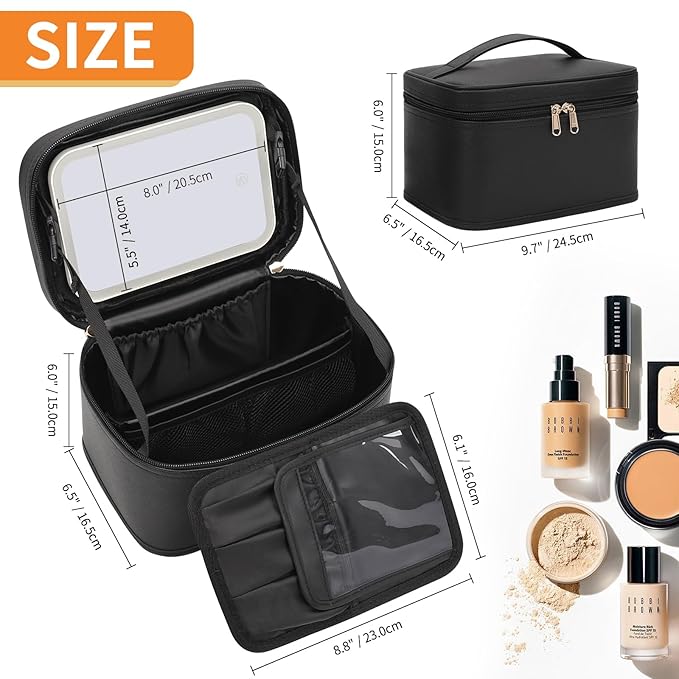 OCHEAL Makeup Bag With LED Mirror, Travel Makeup Bag With 3 Color Setting Light Up Mirror Cosmetic Organizer Vanity Case for Women Beauty Tools Accessories Rechargeable Makeup Travel Bag-Black