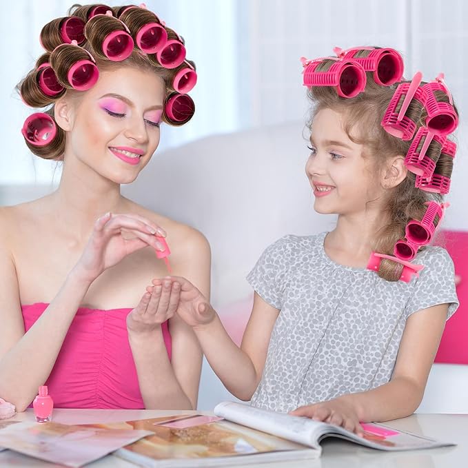 WILLBOND 65 Pieces Magnetic Hair Rollers Set Plastic Rollers Curlers with Clips 4 Sizes for Long Medium Short Hair, Duck Clips Hairnet Hairdressing Styling Tool(Pink)