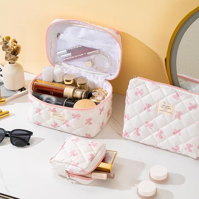 Large Makeup Bag for Women 3PCS Quilted Cotton Make Up Bag Travel Cosmetic Bag Large Makeup Bag Set Cute Bow Makeup Organizer Floral Toiletry Bag Makeup Pouch for Purse, Bow A