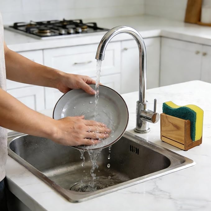HTB Sponge Holder for Kitchen Sink,Teak Wood Dish Sponge Caddy Rack Tray Stand with Drain,Kitchen Sink Storage Organizer Countertop