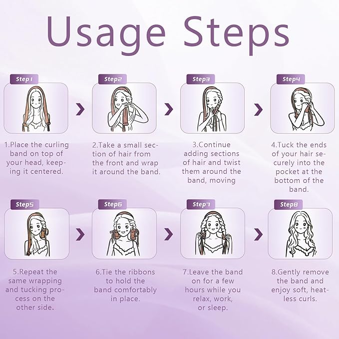 Curling Tie New Hair Curlers to Sleep in, Heatless Curls Overnight Headband, Soft Ribbon Wrap for Long Hair, Perfect Natural Curls Bouncy Curly Hairstyle Hair Suitable for All Hairs Types (Purple)