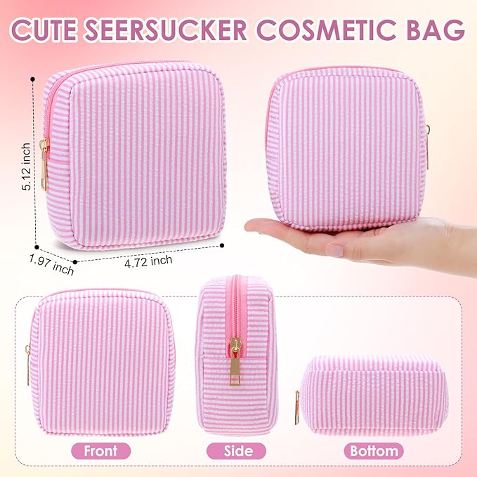 Sanwuta 6 Seersucker Cosmetic Bag Bulk Pinstripe Makeup Bag for Women Aesthetic Cute Travel Toiletry Organizer Preppy Storage Pouch for Wedding Bridesmaid Christmas Gift (Small,Pink)