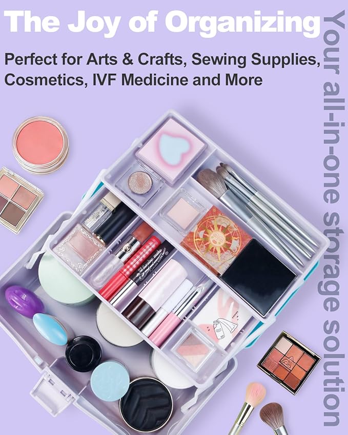 12in 3-Layer Plastic Craft Organizers and Storage, Portable Folding Tackle Box with Handle & Adjustable Dividers, Multipurpose Case for Sewing, Art Supplies, Medicine, Tools (Purple Blue)