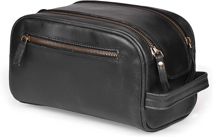 LEATHER VILLAGE Genuine Leather Toiletry Travel Pouch With Waterproof Lining - Black | King-Size Handcrafted Vintage Dopp Kit Bag, Shaving & Bathroom Organizer, Gift for Men & Women